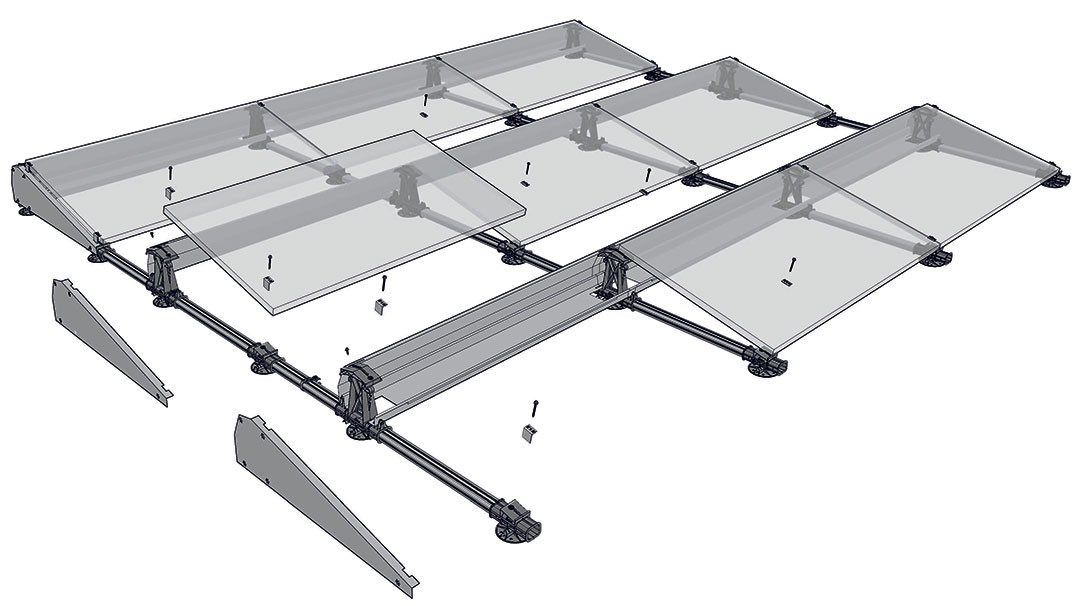 Комплект креплений для 4 однонаправленных солнечных панелей к плоской крыше.